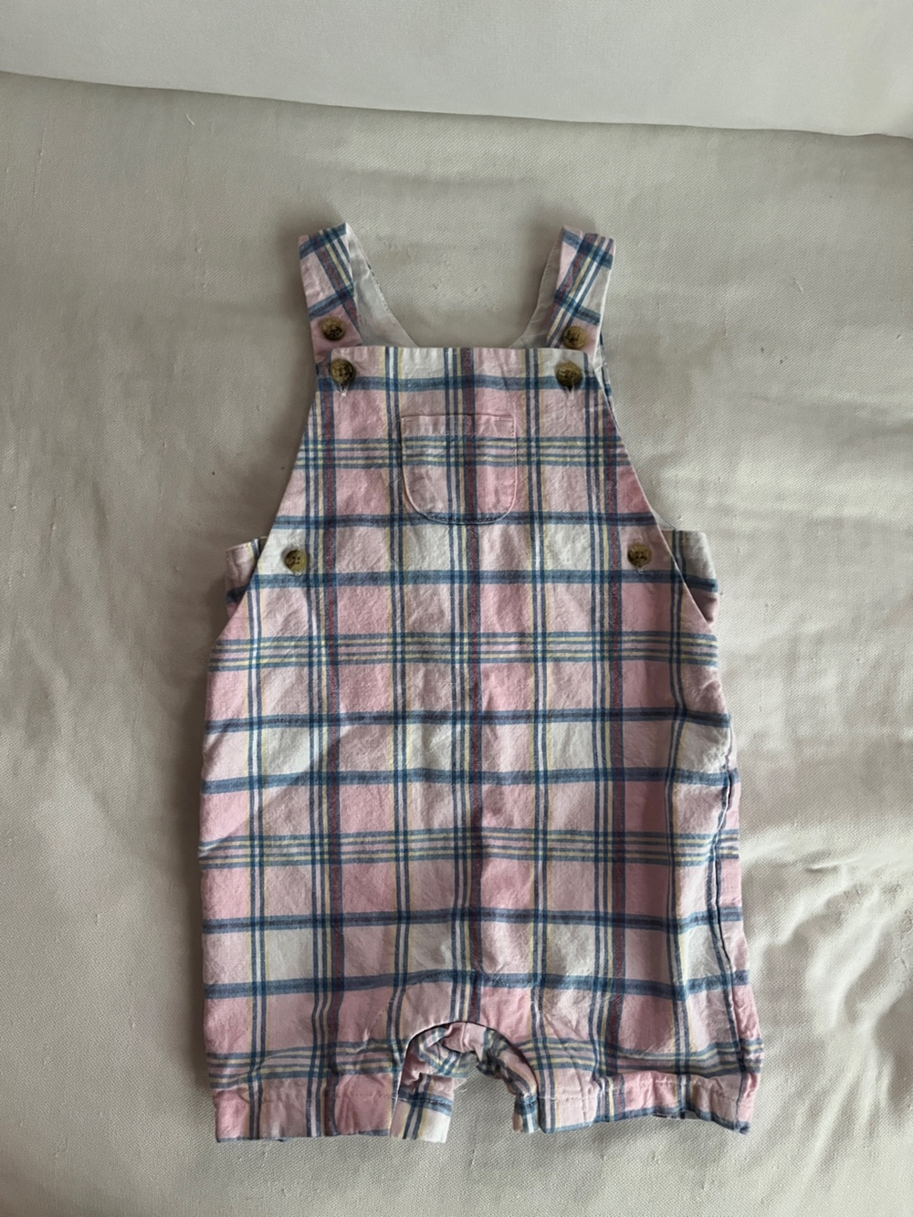 Janie and Jack Pink Plaid Overall Romper with Blue Stripes